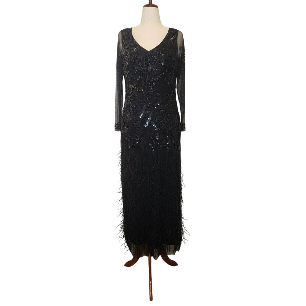 Whimsy Goth Gatsbylady Formal Evening Gown Dress Size 10 Beaded Feathers Fringe